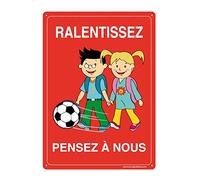 AUA SIGNALETIQUE - Panneau Prépercé (4 Trous) avec Angles arrondis - PVC Rigide 1.5 mm - (350x490 mm, Ralentissez - Pensez à Nous)