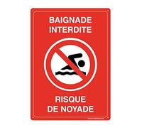 AUA SIGNALETIQUE - Panneau Prépercé avec Angles arrondis - Baignade Interdite Risque de Noyade - 150x210 mm, Aluminium Dibond 3mm