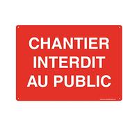 AUA SIGNALETIQUE - Panneau Prépercé avec Angles arrondis - Chantier Interdit Au Public - 490 x 350 mm, Aluminium Dibond 3mm