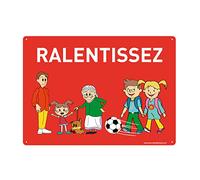 AUA SIGNALETIQUE - Panneau Prépercé avec Angles arrondis - Ralentissez. Famille et Enfants dans Le Quartier - 300 x 210 mm, Aluminium Dibond 3mm