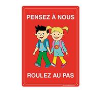 AUA SIGNALETIQUE - Panneau Prépercé avec Angles arrondis - Roulez Au Pas - Pensez à Nous - Enfants - 150x210 mm, Aluminium Dibond 3mm