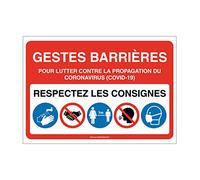 AUA SIGNALETIQUE - Panneau signalisation : Gestes Barrières et consignes à Respecter pour l'accès à L' établissement -Rouge - 600x420 mm, Vinyl adhésif