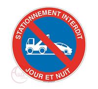 AUA SIGNALETIQUE - Panneau stationnement interdit jour et nuit sous peine de fourrière - Ø 330 mm, PVC 1.5mm