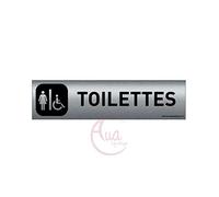 AUA SIGNALETIQUE - Plaque Aluminium brossé imprimé AluSign DARK - 200x50 mm - Double Face adhésif au dos (Toilettes F/handicap)