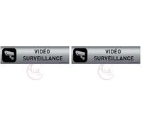 AUA SIGNALETIQUE - Plaque Aluminium brossé imprimé AluSign DARK - 200x50 mm - Double Face adhésif au dos (Vidéo surveillance) (Lot de 2)