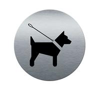 AUA SIGNALETIQUE - Plaque de porte Aluminium brossé imprimé AluSign Ø 85 mm - épaisseur. 3 mm - Double Face adhésif au dos (Chien en laisse)