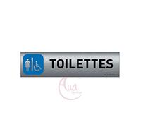 AUA SIGNALETIQUE - Plaque de porte Aluminium brossé imprimé AluSign - 200x50 mm - Double Face adhésif au dos - Impression UV directement sur l'aluminium (Pas de contre collage) (Toilettes F/handicap)