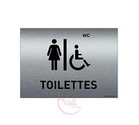 AUA SIGNALETIQUE - Plaque de porte Aluminium brossé imprimé AluSign - 210x150 mm - Double Face adhésif au dos (Toilettes F/Handicap)