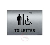 AUA SIGNALETIQUE - Plaque de porte Aluminium brossé imprimé AluSign - 210x150 mm - Double Face adhésif au dos (Toilettes H/Handicap)