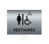 AUA SIGNALETIQUE - Plaque de porte Aluminium brossé imprimé AluSign - 210x150 mm - Double Face adhésif au dos (Vestiaires F/handicap)