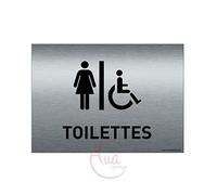 AUA SIGNALETIQUE - Plaque de porte Aluminium brossé imprimé AluSign - 210x150 mm - Double Face adhésif au dos (Toilettes F/Handicap2)