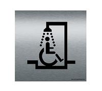 AUA SIGNALETIQUE - Plaque de porte Aluminium brossé imprimé AluSign - Double Face adhésif au dos (130 x 130 mm, Douche handicapé)