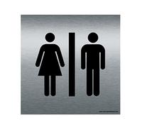 AUA SIGNALETIQUE - Plaque de porte Aluminium brossé imprimé AluSign - Double Face adhésif au dos (130 x 130 mm, Toilettes H/F)