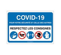 AUA SIGNALETIQUE - Signalisation Coronavirus respectez consignes COVID-19 - Modèle avec 5 pictogrammes -Bleu - 210x150 mm, Aluminium Dibond 3mm