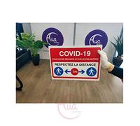 AUA SIGNALETIQUE - Signalisation Coronavirus respectez consignes COVID-19 - Modèle avec 6 pictogrammes -Bleu - 420x300 mm, Vinyl adhésif
