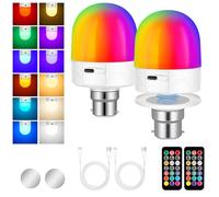 AUAUY B22 Ampoule Rechargeable avec Télécommande, Couleur RVB Intelligente à Intensité Variable, Alimentée par Batterie, 3W, avec Base Magnétique Amovible, pour Chambre à Coucher, Camping, Lot de 2