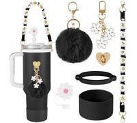 AUAUY Lot de 7 accessoires pour tasse Stanley, bouteille d'eau décorative compatible avec tasse Stanley, comprend une botte en silicone, une poignée tissée bohème, une housse de paille, des breloques
