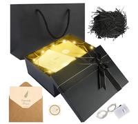 Aubess Coffret Cadeau Noir, 22.5 x 16 x 8.5 cm, avec Couvercle, Guirlande Lumineuse, Raphia et Sac de Transport, Idéal pour Anniversaires, Mariages et Autres Fêtes