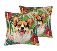 AUBKFELD Lot de 2 housses de coussin carrées décoratives en lin doux pour salon, canapé, lit, banc - 55 x 55 cm - Imprimé fleurs tropicales et corgi