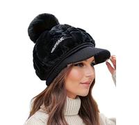 Aublinto Casquette Newsboy pour Femme - Béret à visière floue avec Bord - Bonnet Chaud et Ample en Laine Polaire avec Pompons Mignons pour l'hiver - Chapeau tricoté élégant en Peluche