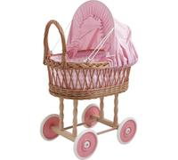 AUBRY GASPARD - Berceau de Poupée en Osier Buff - Chariot en Bois avec Roues en Plastique - Longueur 37 cm x Largeur 25 cm x Hauteur 48 cm - Livré Monté - Design Tendance et Moderne - Motif Vichy Rose