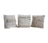 AUBRY GASPARD - Coussins Coton Bicolores - Lot de 3-45 x 45 cm - Finition Blanche/Grise à Franges - Garniture 100% Polyester - Housse Déhoussable - Élégance Confort Salon/Chambre