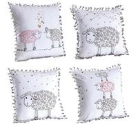 AUBRY GASPARD - Coussin en Coton Mouton - Garnissage Fibre de Polyester - Motif Mouton et Petits Coeurs - Décoré de Pompons - Idéal pour Salon ou Chambre - Confort et Originalité Assortis