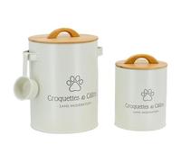 AUBRY GASPARD - Lot De 2 Boîtes À Croquettes en Métal avec Anse Mobile - Couvercle en Bambou - Cuillère Incluse - Inscription Croquettes & Câlins - sans Modération - Naturel - 135X16 cm et 18X23 cm