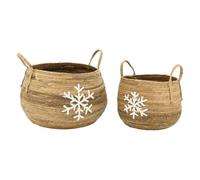AUBRY GASPARD - Lot De 2 Cache-Pots en Bananier Naturel avec Décor Flocons Brodés - Anses en Corde - Dimensions Ø31 H31 À Ø43 H37 - Élégance et Praticité - Couleur Naturelle - Taille Variée