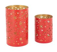 AUBRY GASPARD - Lot de 2 Photophores en Métal Laqué - Rouge et Doré - Découpe Flocons et Étoiles - Intérieur Doré - Petit Ø 10 cm x Hauteur 13 cm - Grand Ø 12 cm x Hauteur 20 cm