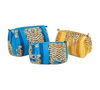 AUBRY GASPARD - Lot de 3 Trousses en Coton et Nylon - Motif Tigre - Bleu et Jaune - avec Fermetures éclairs - Dimensions 18 x 9 x 9 cm et 22 x 14 x 13 cm