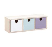 AUBRY GASPARD - Petit Rangement Tiroirs Colorés 3 Tiroirs - Bois Naturel et Teinté - Blanc, Violet, Bleu - 27 x 8 x 9 cm - Idéal Bureau ou Salle de Bain - Compact et Décoratif Petits Objets