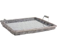 AUBRY GASPARD - Plateau à Fromages Osier et Verre - Rectangulaire 35.5 x 33.5 x 8.5 cm - Osier Gris Tressé avec Poignées en Bois - Plaque en Verre Amovible - Élégant et Pratique pour Service de Table
