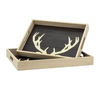 AUBRY GASPARD - Plateau en Médium avec Placage Paulownia Décor Cerf - 2 Passe-Mains - Dimensions 35X25X45 cm et 40X30X45 cm - Naturel - Élégant et Pratique