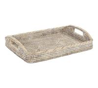 AUBRY GASPARD - Plateau en Rotin Patiné Blanc - Rectangulaire avec Poignées - Dimensions 40 x 30 x 5-8 cm - Fabrication Artisanale - Léger 0.75 kg - Idéal pour Cuisine et Arts de la Table