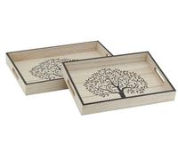 AUBRY GASPARD - Plateaux Rectangulaires Bois Naturel - Collection Arbre de Vie - Décor Noir - Petit 35x25x4.5 cm - Grand 40x30x4.5 cm - Finition Naturelle Teintée - Lot de 2
