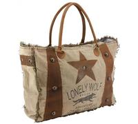 AUBRY GASPARD - Sac Coton/Cuir Lonely Wolf - Loup Imprimé Franges - Cuir Étoile - Rivets Œillet Métal - Poignées Cuir - Fermeture Zippée - Doublure Rayée - Pratique et Tendance