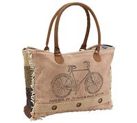 AUBRY GASPARD - Sac Coton Kilim Ethnique - Imprimé Vintage Vélo - Franges - Poignées Cuir - Fermeture Zippée - Poche Intérieure Double - Doublure Coton Rayures - Unique et Artisanal
