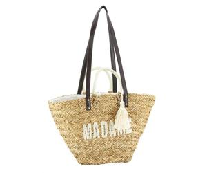 AUBRY GASPARD - Sac en Jonc Madame - Broderie Pompon Bohème Chic - Doublure 100% Coton - 60 x 16 x 30 cm - 2 Anses Tissu - 2 Bandoulières Polyuréthane - Léger Élégant Toutes Occasions