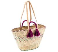 AUBRY GASPARD - Sac en Palmier Naturel et Teinté avec 2 Pompons en Laine - Bandoulière en Cuir - Poignées en Sisal - Dimensions 55X35 cm - Idéal pour Courses et Sorties - Naturelle - Grande