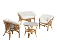 AUBRY GASPARD - Salon Rotin Naturel - Rotin Écorcé Teinté - Coussins Mousse Polyéther, Tissu Coton - Canapé 115x67x72 cm - Fauteuil 77x65x72 cm - Table Basse Verre 65x53 cm - pour 4 Personnes