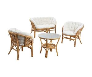 AUBRY GASPARD - Salon Rotin Naturel - Rotin Écorcé Teinté - Coussins Mousse Polyéther, Tissu Coton - Canapé 115x67x72 cm - Fauteuil 77x65x72 cm - Table Basse Verre 65x53 cm - pour 4 Personnes