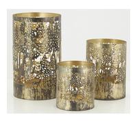 AUBRY GASPARD - Série 3 Photophores Métal Doré Finition Antique - Motif Cerfs et Arbres Perforés - Dimensions 9 x 10 cm à 12 x 20 cm - Décoration Lumineuse Intérieur - Poids Total 0.67 kg