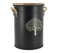 AUBRY GASPARD - Tabouret et Seau à Pellets Métal Laqué - Arbre de Vie - Ø 35 cm x H 45 cm - 15 L - Couvercle Bois Sapin - Tamis Poussière - Double Fonction Design Élégant