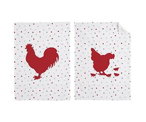 AUBRY GASPARD - Torchon de Cuisine en Coton Rouge (Lot de 2) - Motif Poule et Coq - Largeur 50 cm x Longueur 70 cm - 100% Coton - Motifs Assortis - Idéal pour Arts de la Table et Usage Quotidien