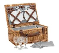 AUBRY GASPARD - Valise Pique-Nique Isotherme en Osier Naturel - Doublée 100% Coton - Garnie pour 4 Couverts avec Assiettes Blanches - Tasses - Salière et Poivrière - Dimensions 46X30X20 cm