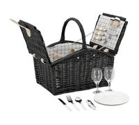 AUBRY GASPARD - Valise Pique-Nique Isotherme en Osier Noir et Blanc - Doublée 100% Coton - pour 2 Personnes avec Assiettes - Couverts - Tasses - Tire-Bouchon - Salière - Poivrière - 28X40X38 cm