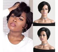 AUBWIG Black Short Straight Pixie Wigs pour femmes noires 10 pouces Pixie Cut Hair Perruque avec Side Bangs Résistant à la chaleur Synthétique Daily Wear Cosplay Halloween Party (Noir)