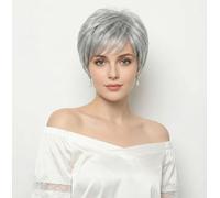 AUBWIG Gris Argent Perruque Short Pixie Cut Superposée Fluffy avec Frange Synthétique Courte Résistante à la chaleur Perruque Complète pour Femmes (Gris Argenté #2E)