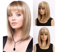 AUBWIG Ladies Brown Mixed Light Blonde Bob Wigs pour femmes,perruque Bob courte de 15 pouces avec perruque synthétique Bangs,perruque synthétique résistante à la chaleur naturelle de la perruque